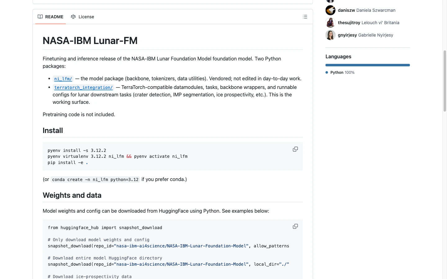 Official GitHub README describing the lunar model fine-tuning and inference release.