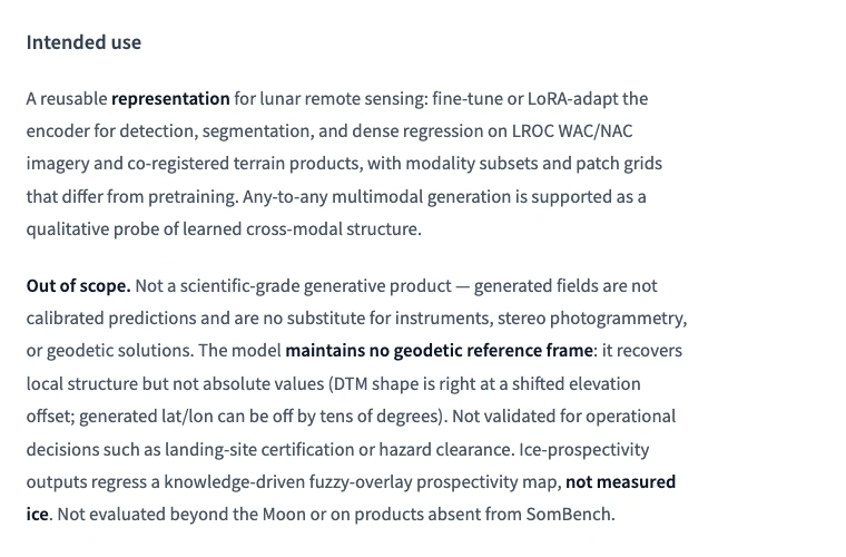 Official lunar model card describing research uses and limits of ice-prospectivity predictions.