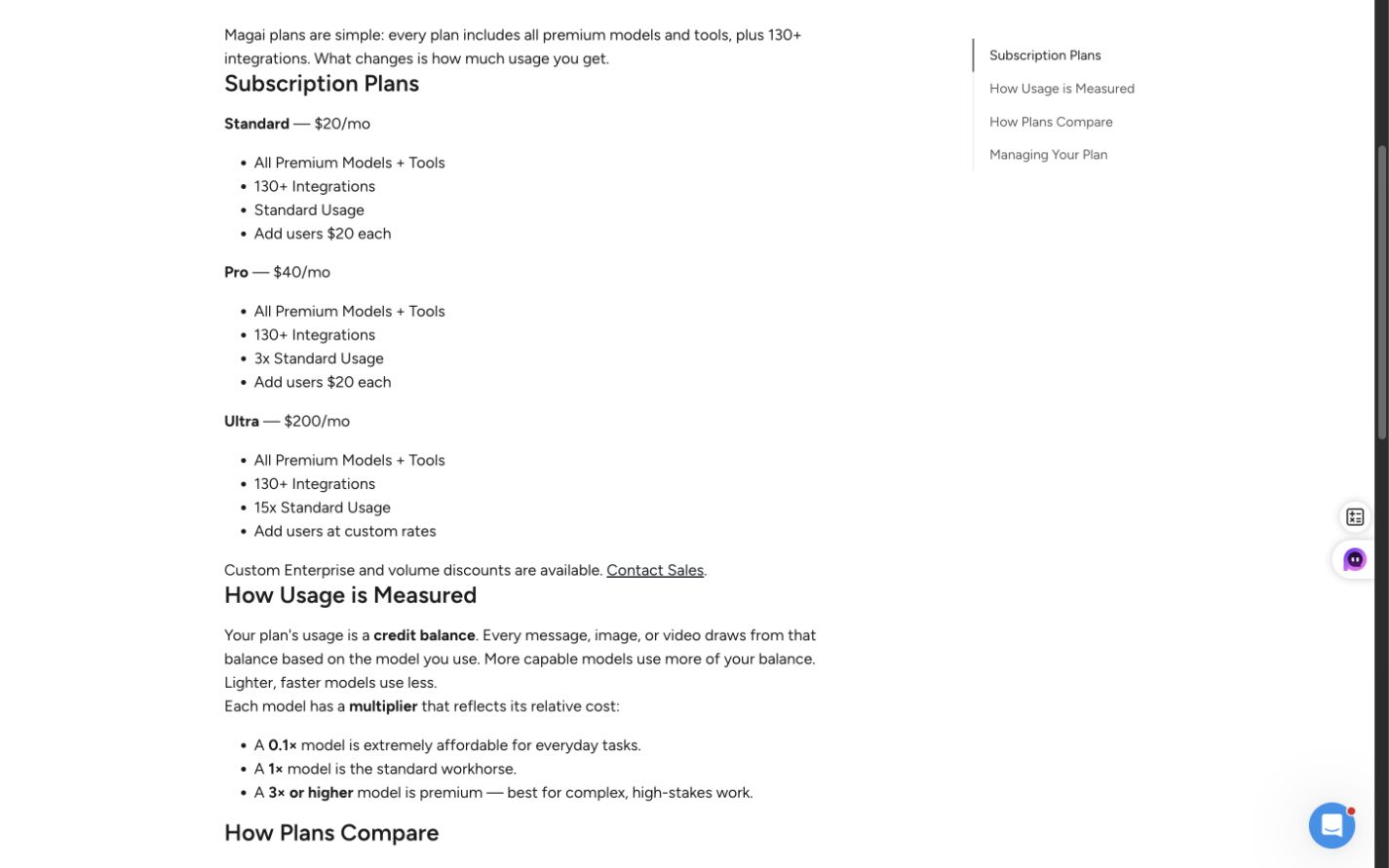 Magai help page showing Standard, 3x, and 15x plan usage levels