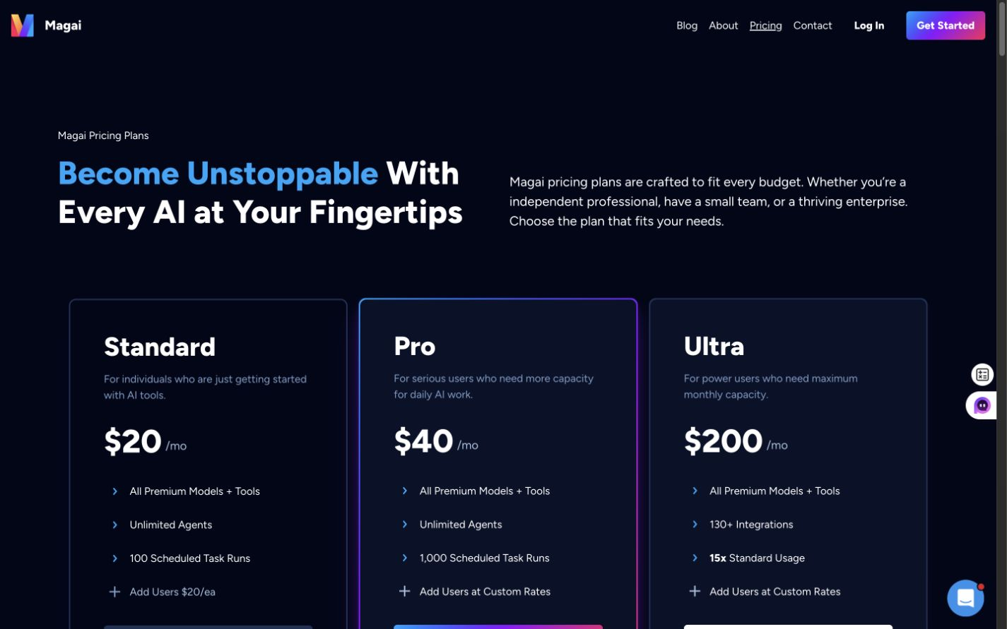 Magai Standard, Pro, and Ultra monthly prices shown on the official pricing page