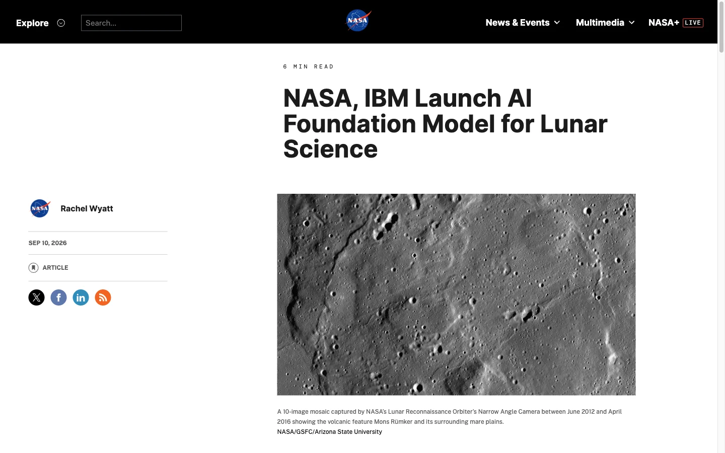 NASA announcement introducing the NASA-IBM Lunar Foundation Model for lunar science.