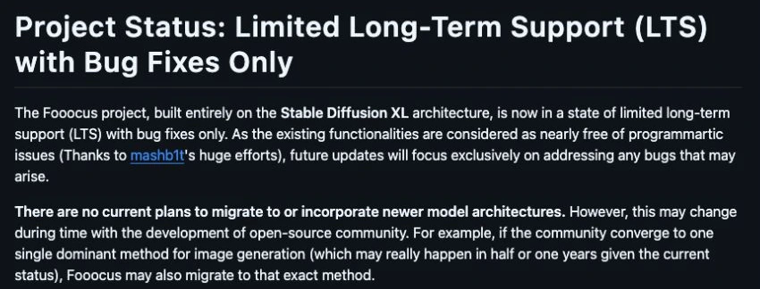 Fooocus project notice describing limited long-term support