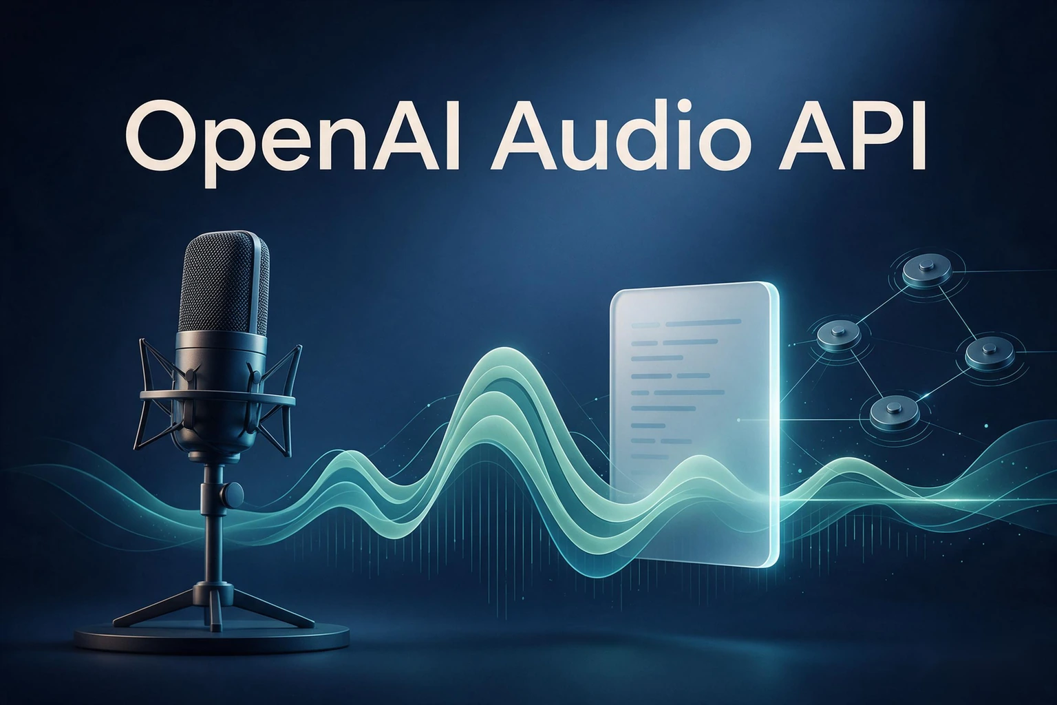 Editorial illustration of audio waveforms, transcription, and API connections