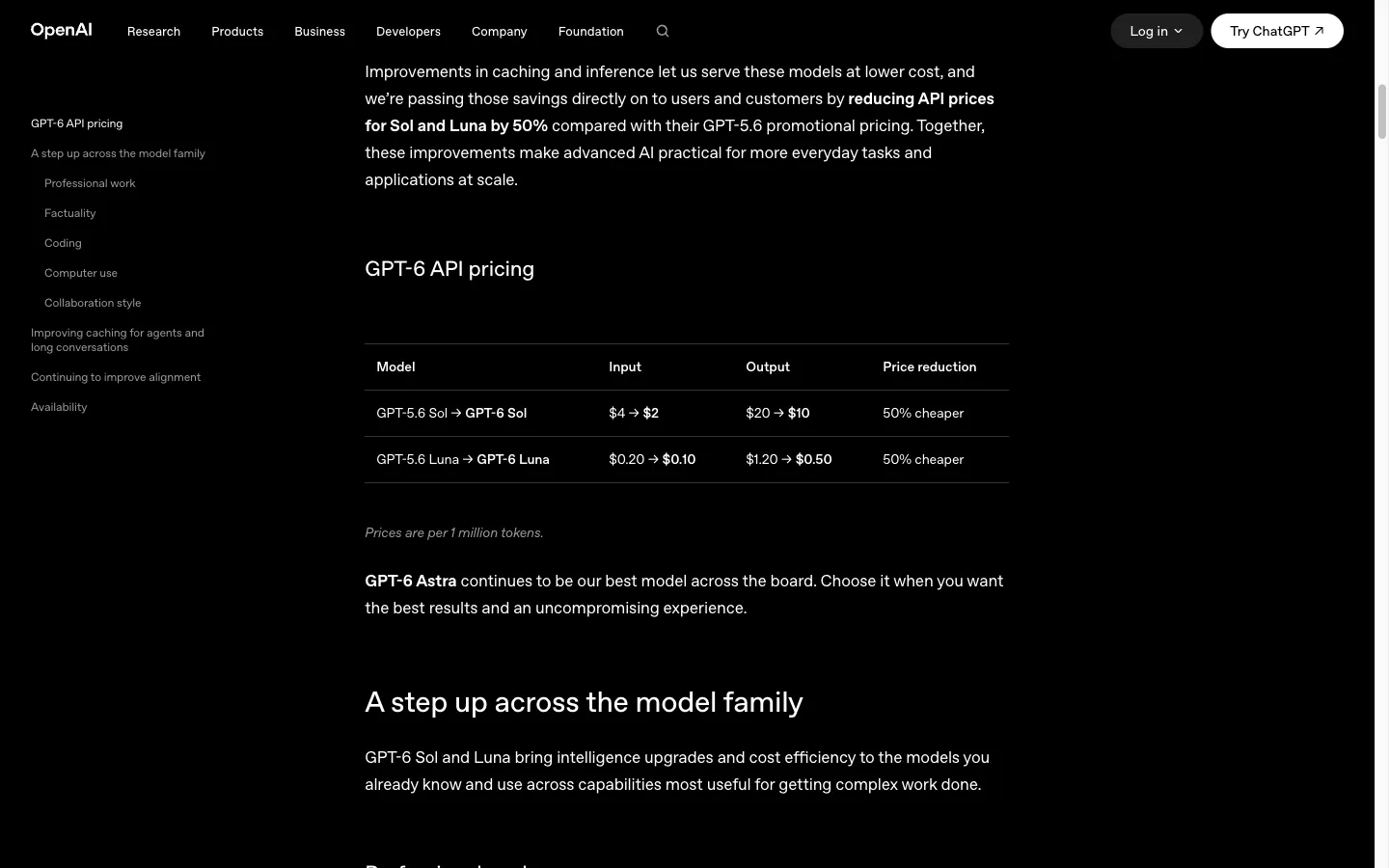 OpenAI GPT-6 Sol official API pricing table
