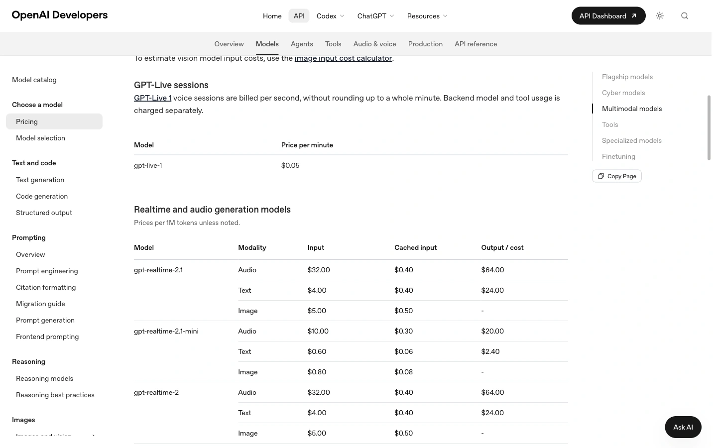 OpenAI API pricing table showing GPT-Live 1 at $0.05 per minute with per-second billing and separate backend and tool usage.