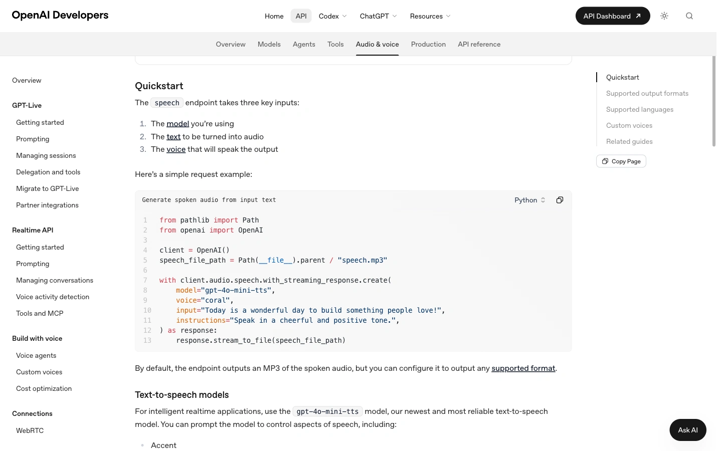 OpenAI text-to-speech documentation with the speech request parameters and a Python quickstart.