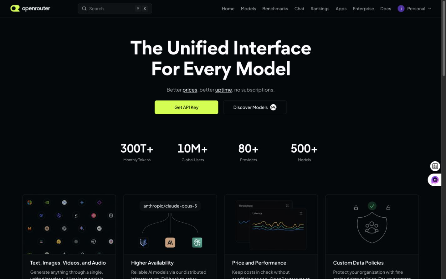 OpenRouter homepage describing a unified interface for AI models