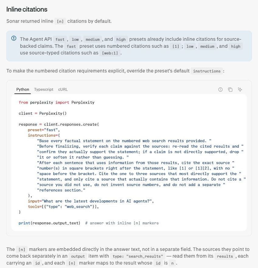 Official Perplexity documentation explaining numbered citations, source-typed citations and matching markers to search result IDs.