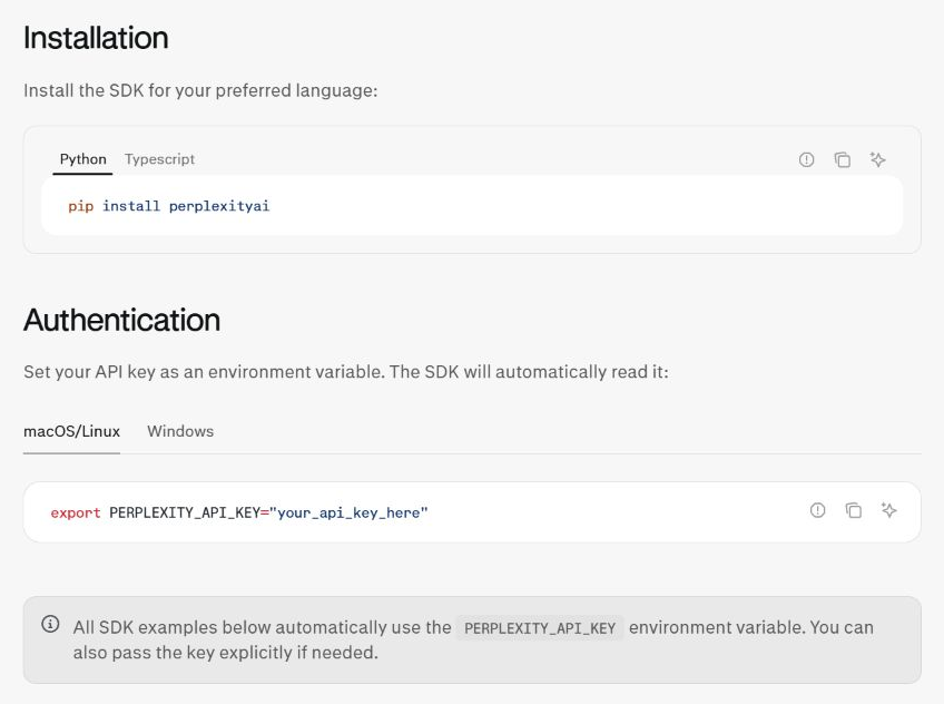 Official Perplexity documentation showing the Python SDK installation and PERPLEXITY_API_KEY environment variable.