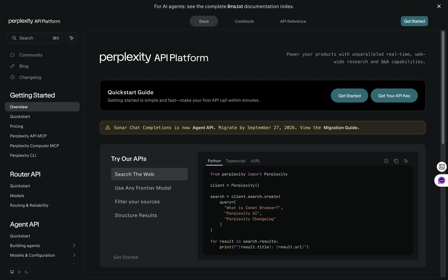 Perplexity API Platform documentation showing web search and research capabilities
