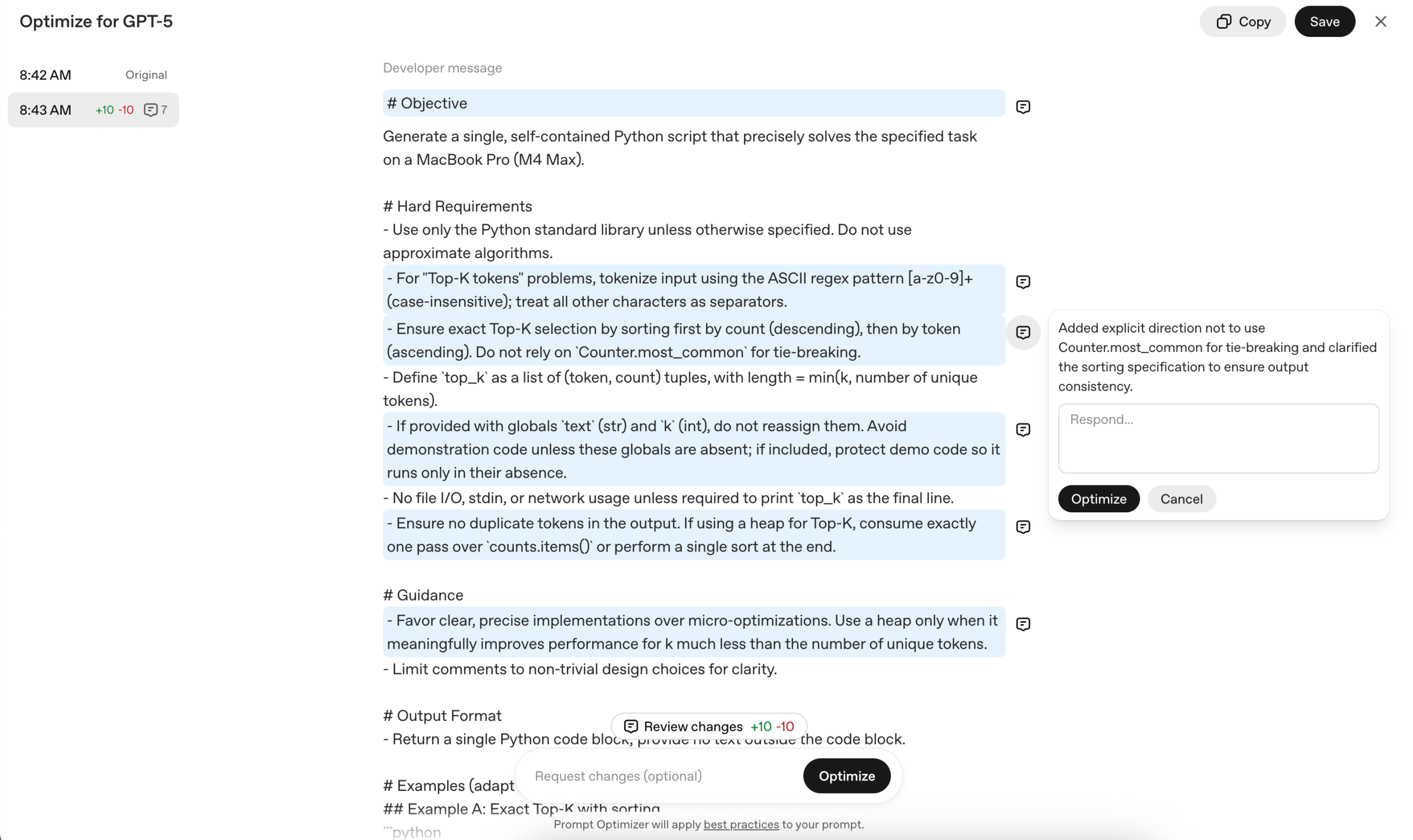 OpenAI Playground Prompt Optimizer example showing a developer message, highlighted edits, and an optimization comment