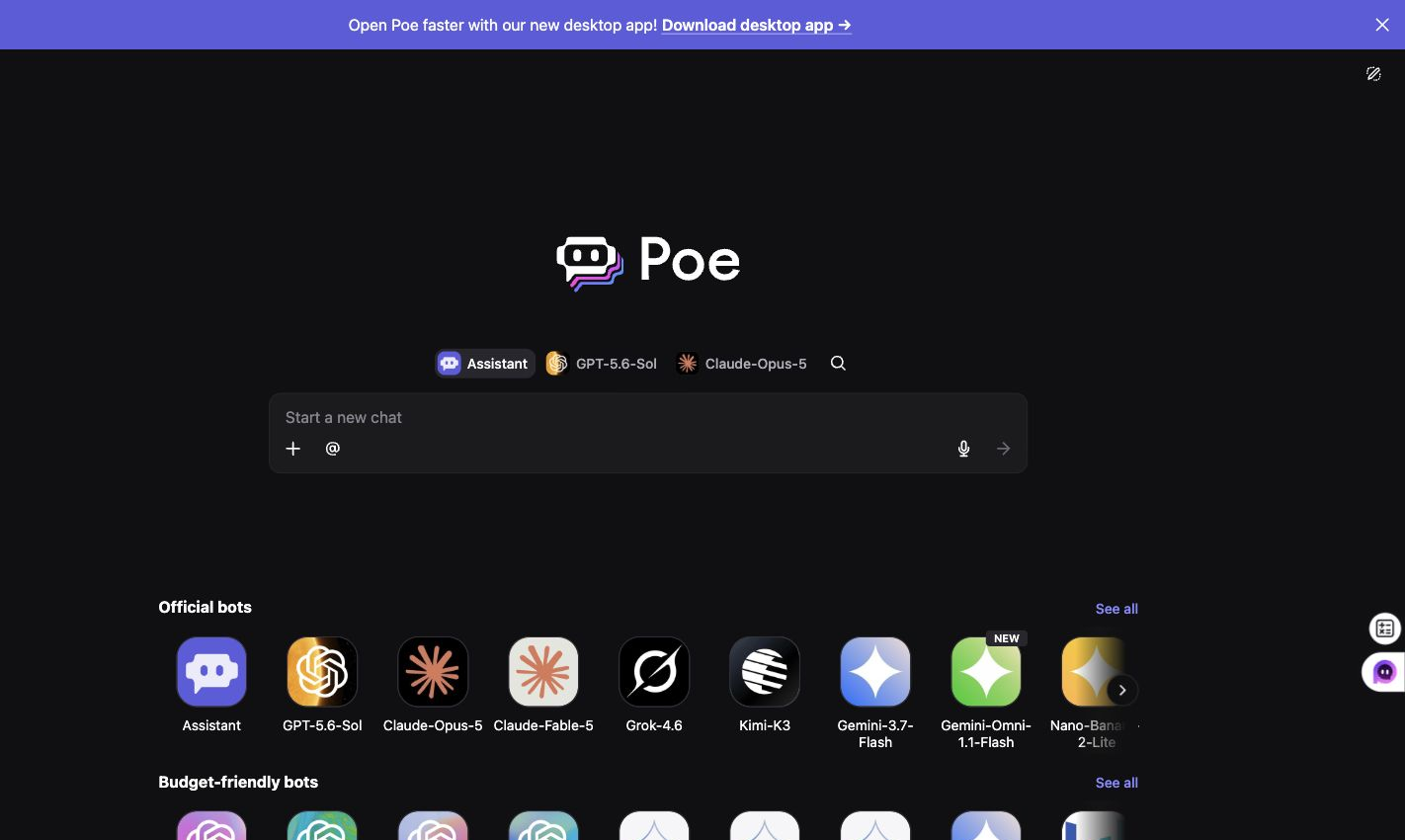 Poe chat workspace with official and budget-friendly bots
