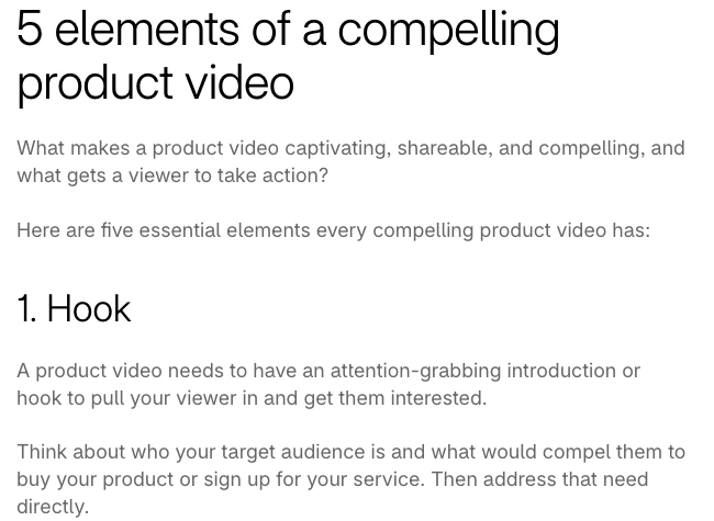 Shopify explains the hook as an essential element of a product video.