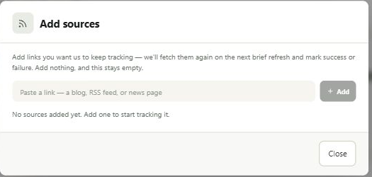 AI RSS Add sources dialog accepting blogs, RSS feeds and news pages