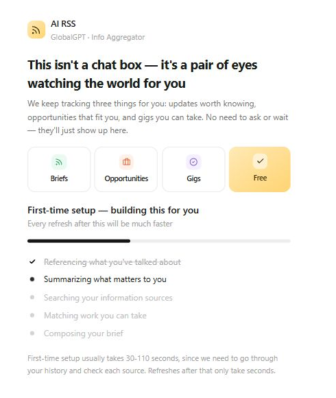 AI RSS onboarding showing briefs, opportunities and interest-based setup