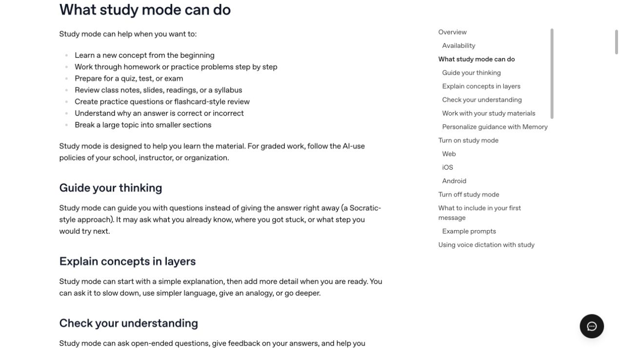 OpenAI Help page listing Study mode learning uses and the academic-policy reminder
