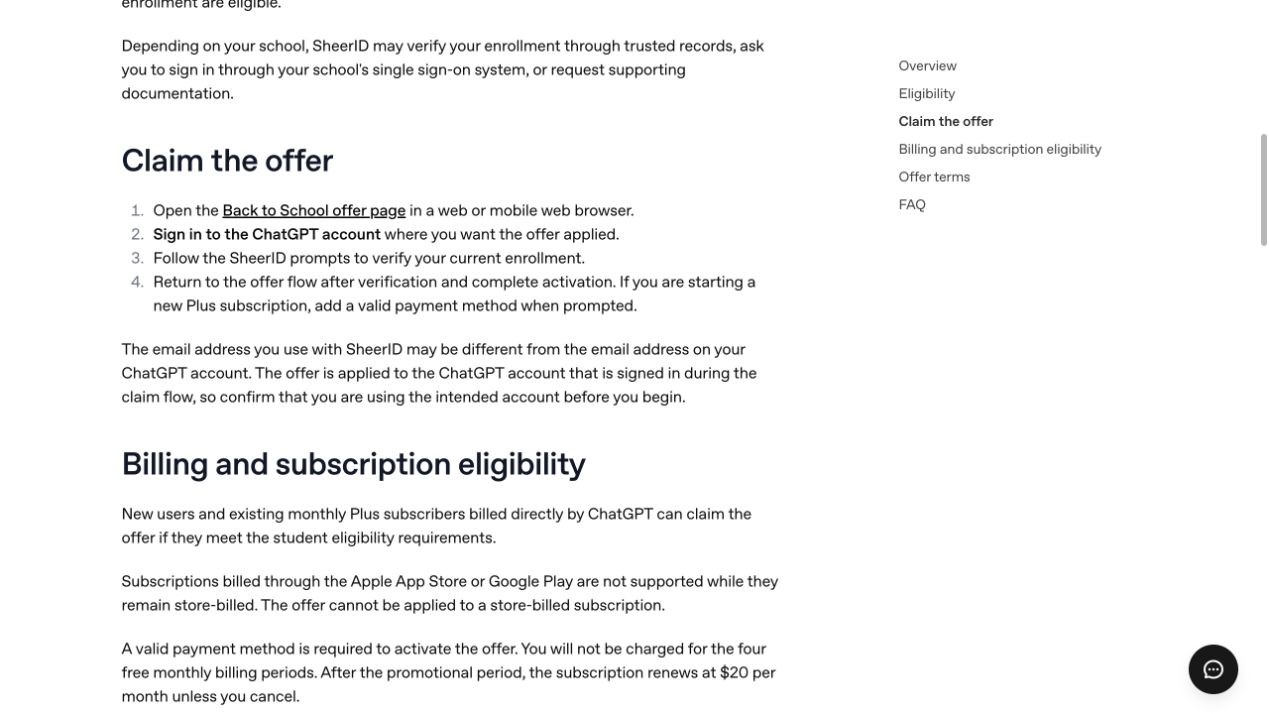 OpenAI Help billing section for the 2026 student offer