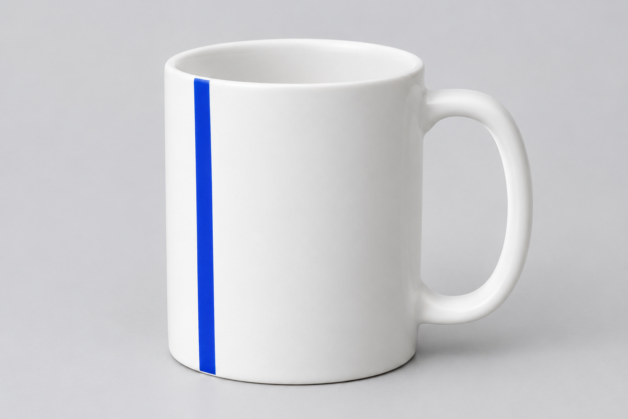 Clean white mug with a narrow cobalt stripe used as the Gen-2 route test input