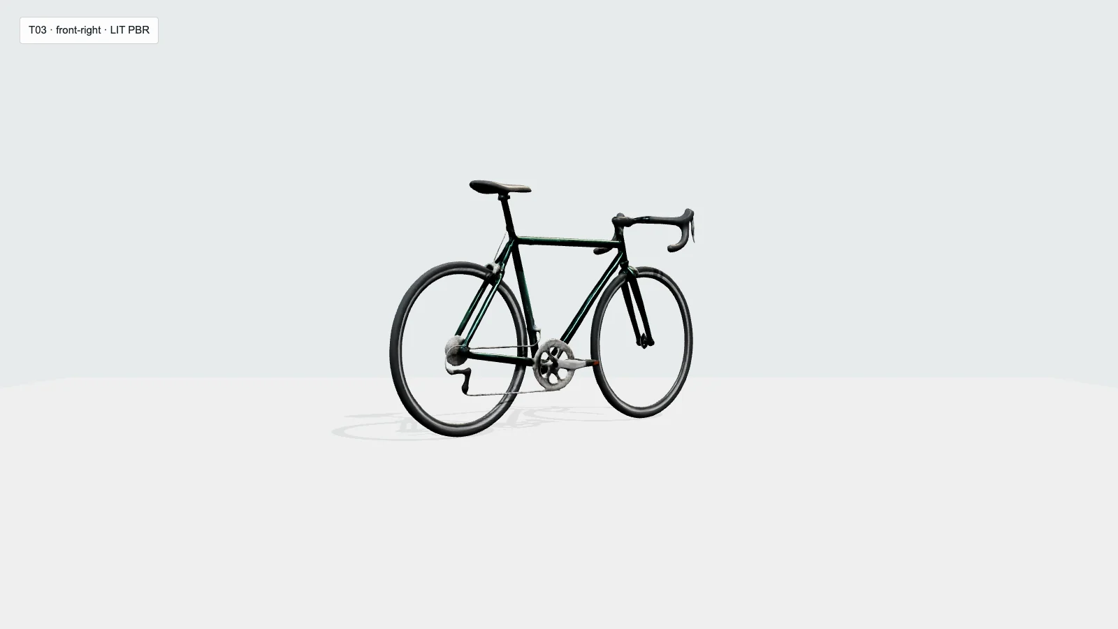 Gen-2 route bicycle output from the front-right with missing spokes and simplified drivetrain