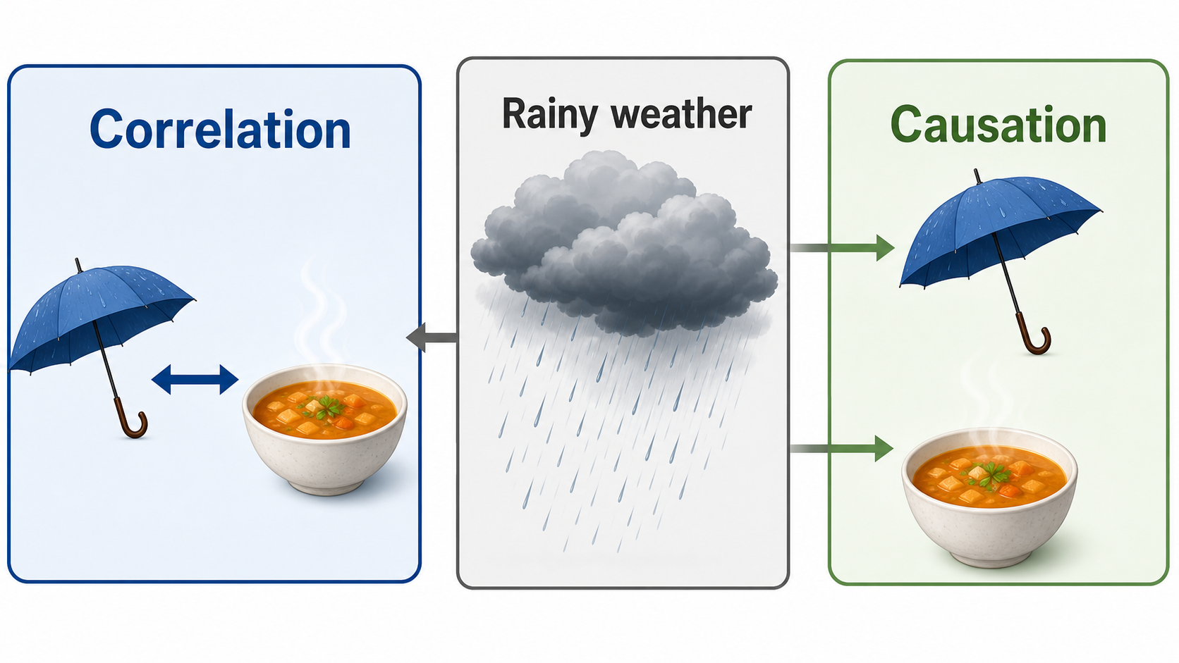 Generated three-panel study visual distinguishing correlation from a shared rainy-weather cause