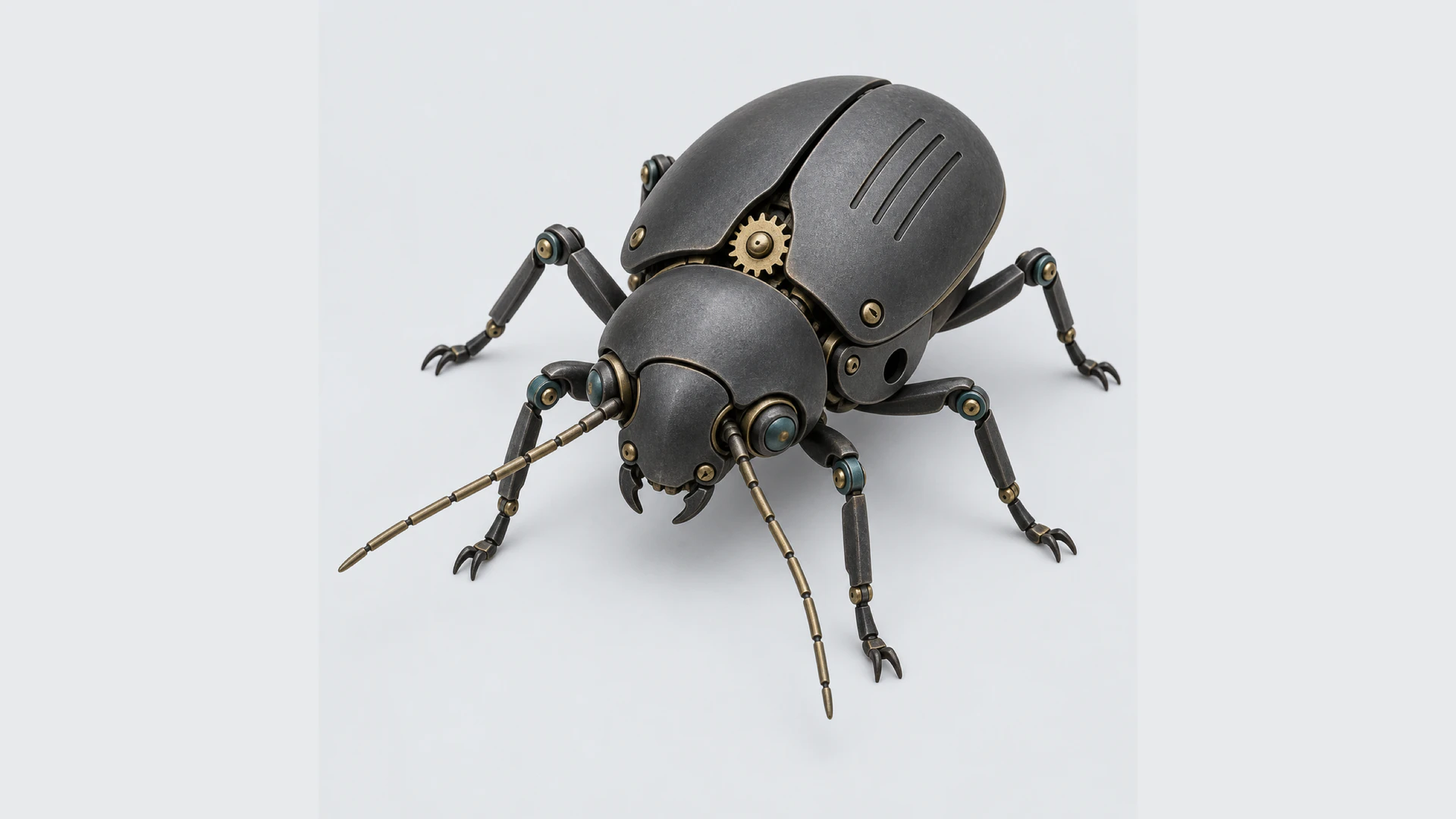 Mechanical beetle reference image with thin legs, antennae, gear teeth, grooves, and open side detail
