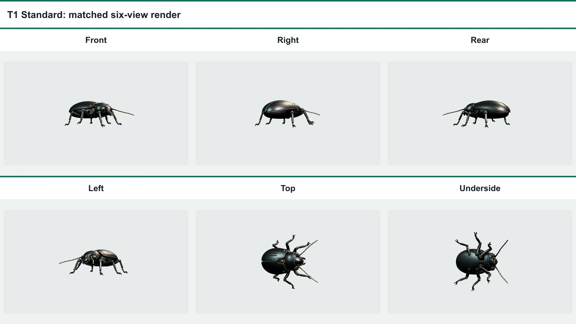 Six matched views of the Tripo H3.1 Standard mechanical beetle output