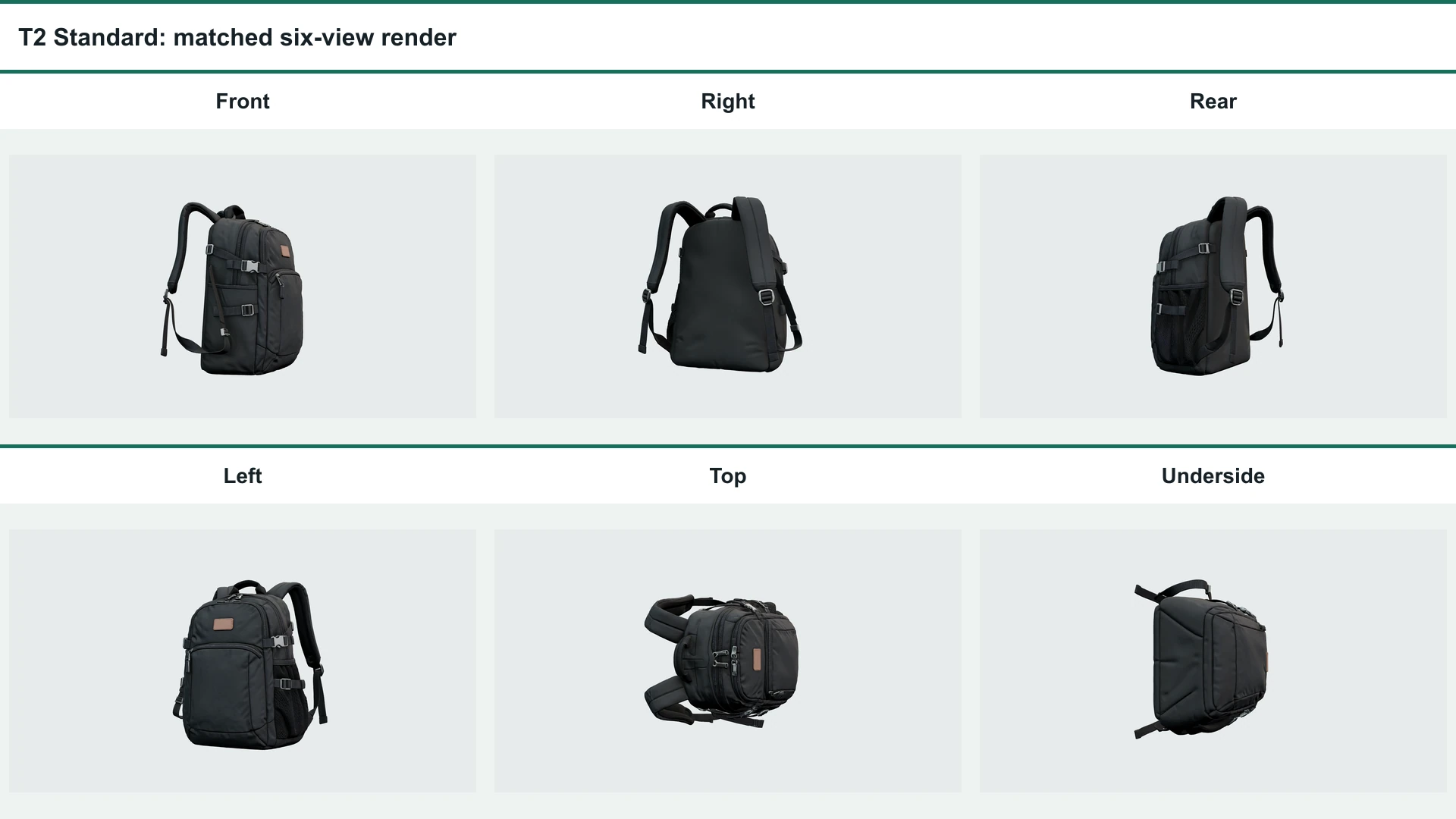 Six matched views of the Tripo H3.1 Standard technical backpack output