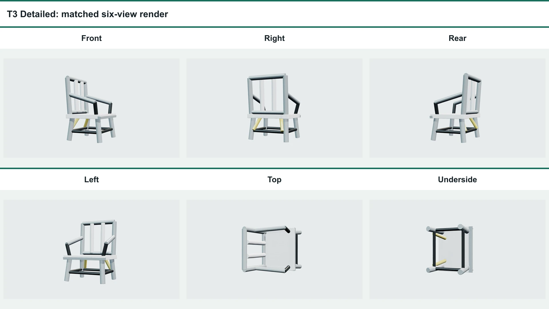 Six matched views of the Tripo H3.1 Detailed chair output