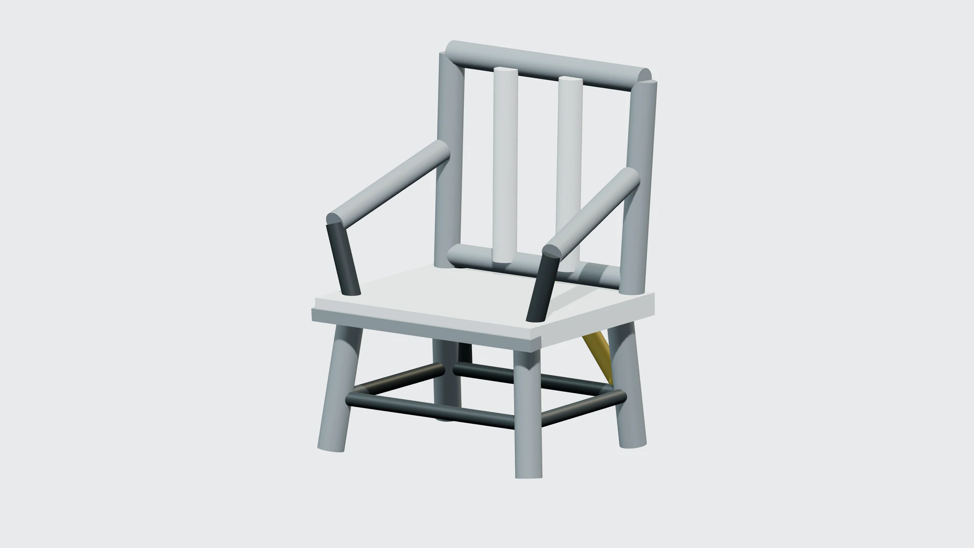 Controlled chair reference render with slotted backrest, open arm spaces, four legs, and visible supports