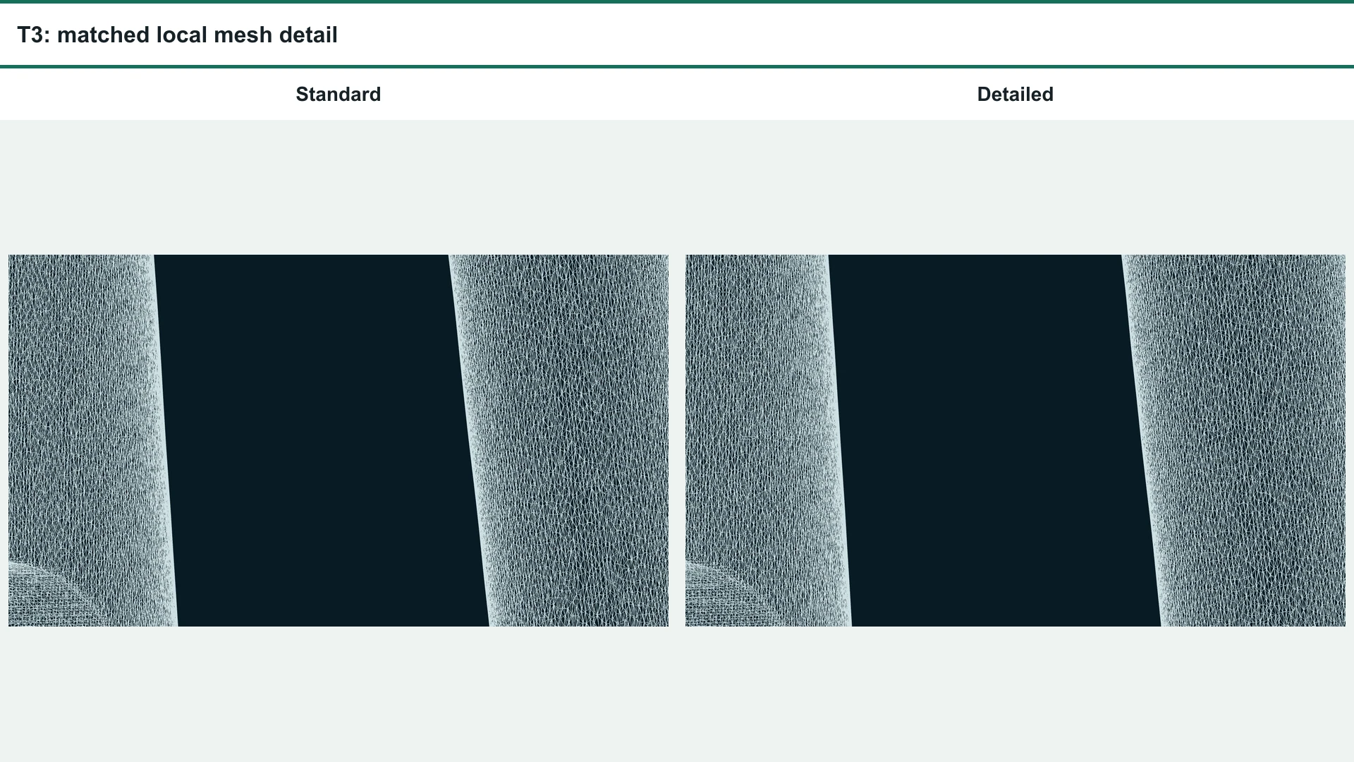 Matched close wireframe comparison of Standard and Detailed chair meshes