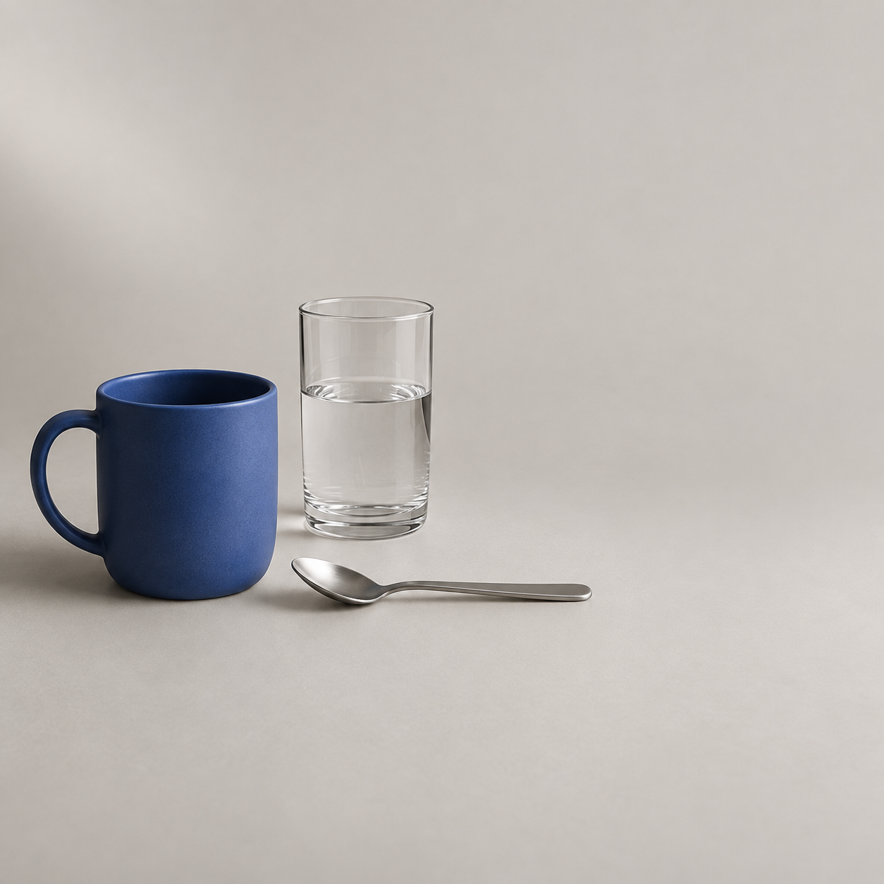 A cobalt-blue matte mug, metal spoon and clear water glass on a warm gray surface