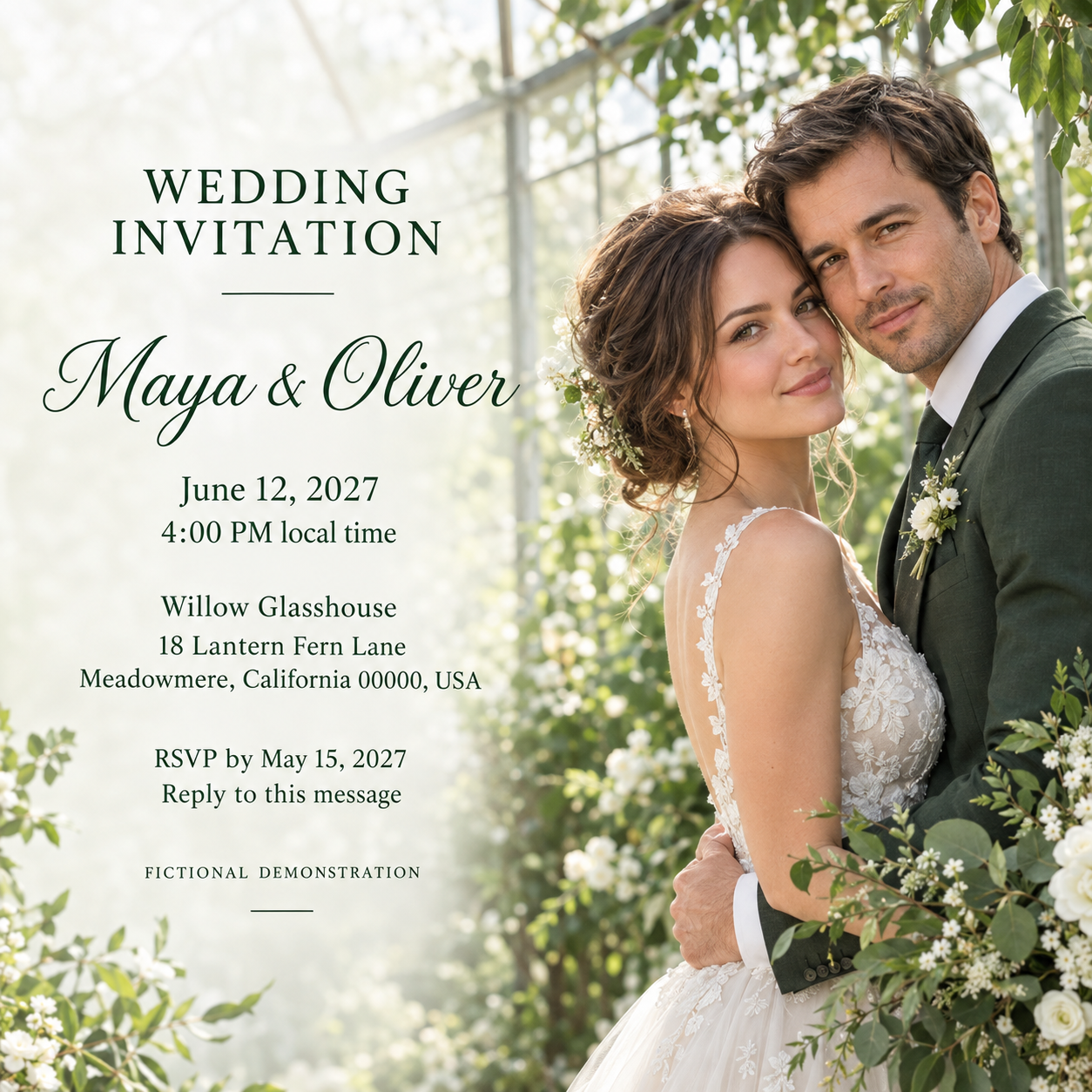 Invitation text rendered beside a different couple in wedding clothes.