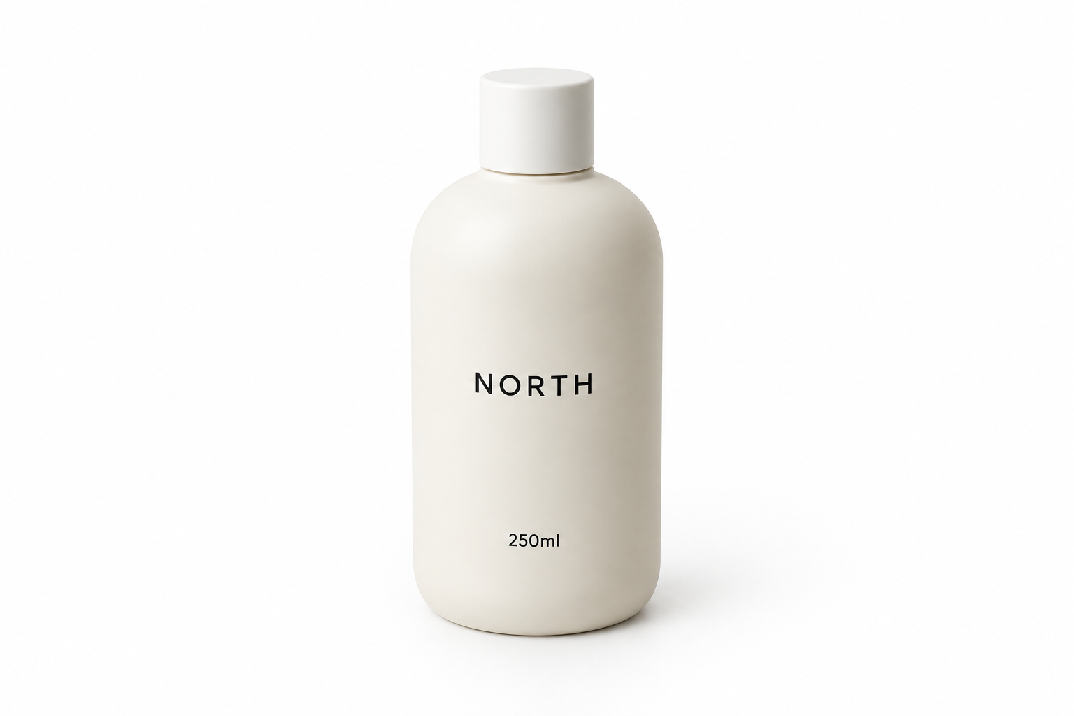A matte ivory ceramic bottle on a clean white background with NORTH and 250ml on the label