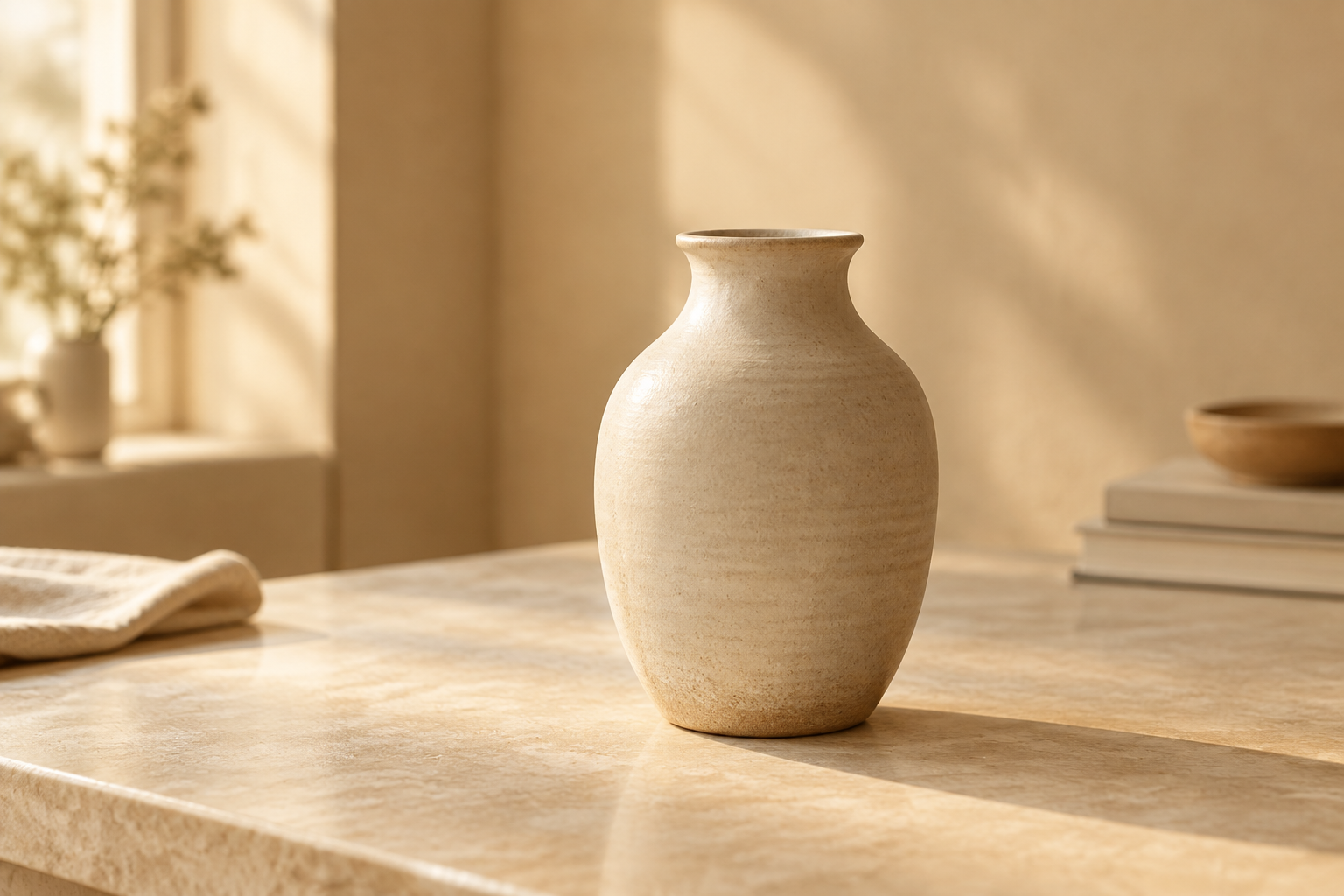 A warm beige indoor still life with a ceramic vessel and soft window light