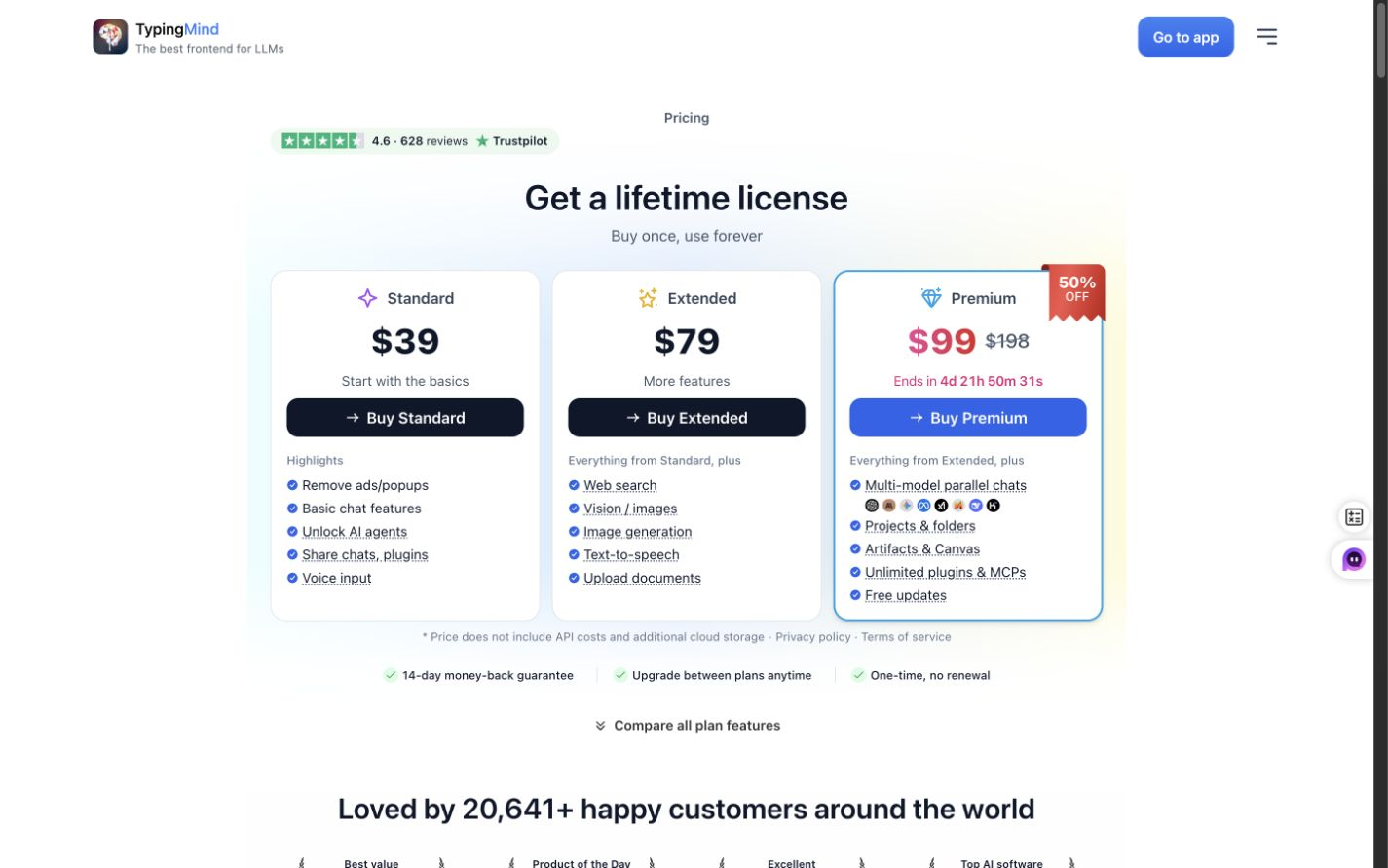 TypingMind lifetime license plans with the API cost exclusion