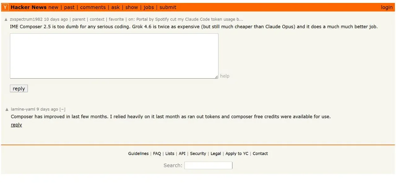 Hacker News user zxspectrum1982 comparing Grok 4.6 with Composer 2.5 for serious coding.