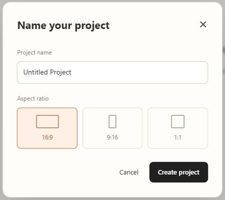 New video project dialog with landscape, portrait and square aspect ratios