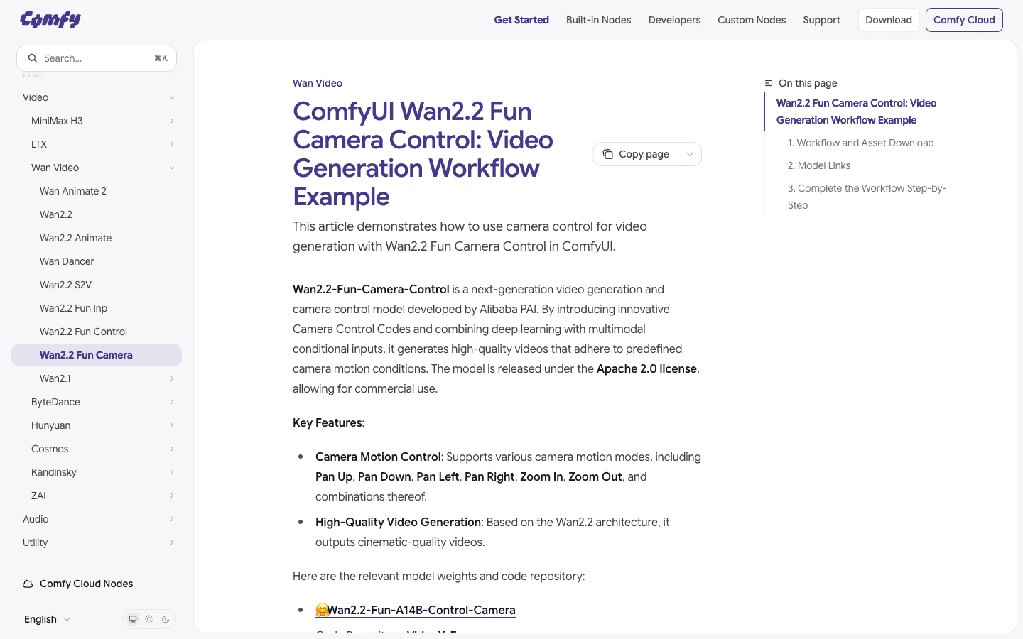 ComfyUI documents the dedicated Wan2.2 Fun Camera model and camera motion modes.