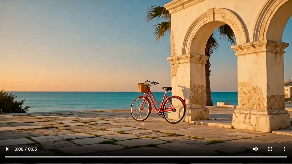 A red bicycle beside a seaside stone arch in the Wan camera-control example