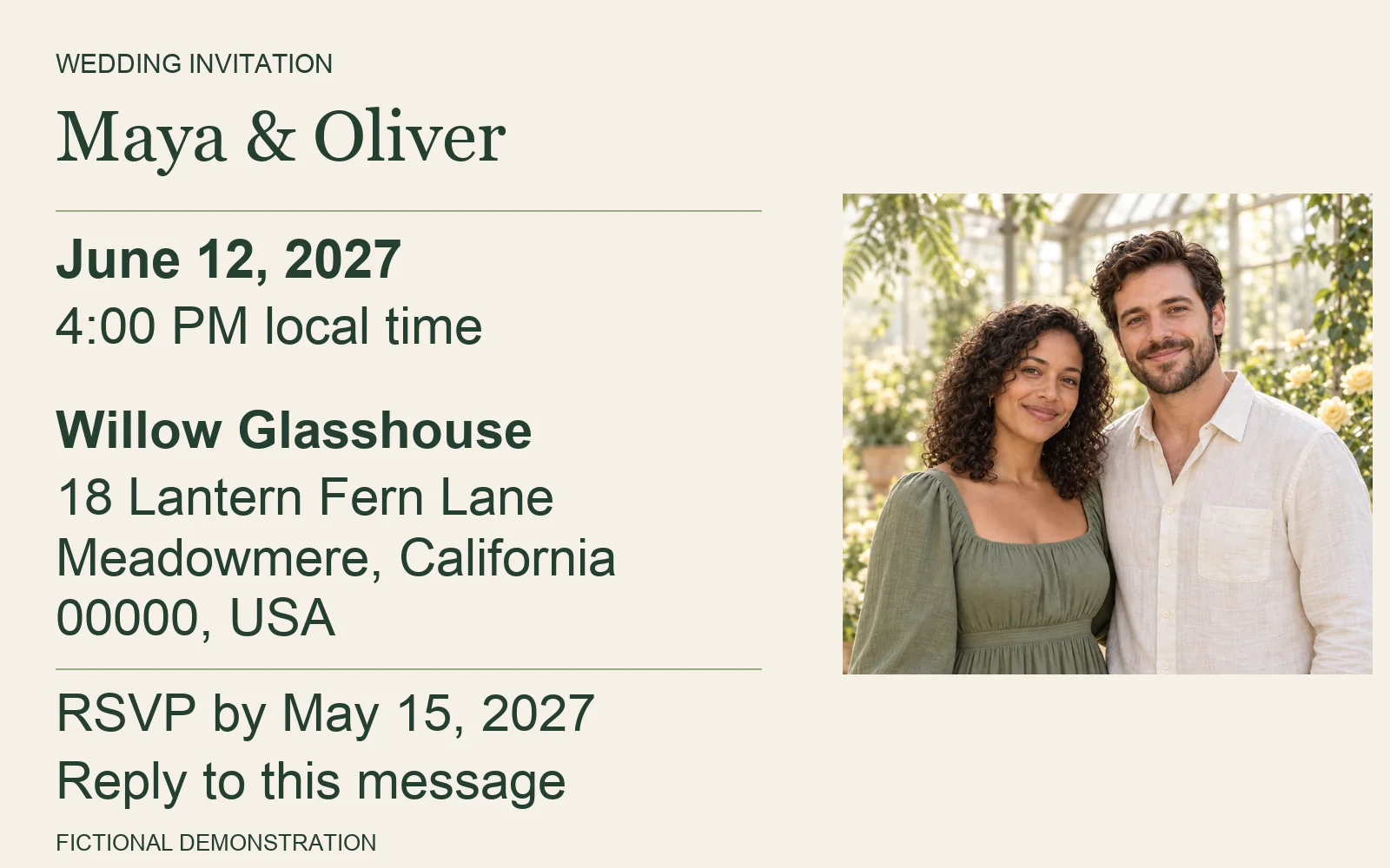 Finished invitation for fictional couple Maya and Oliver.