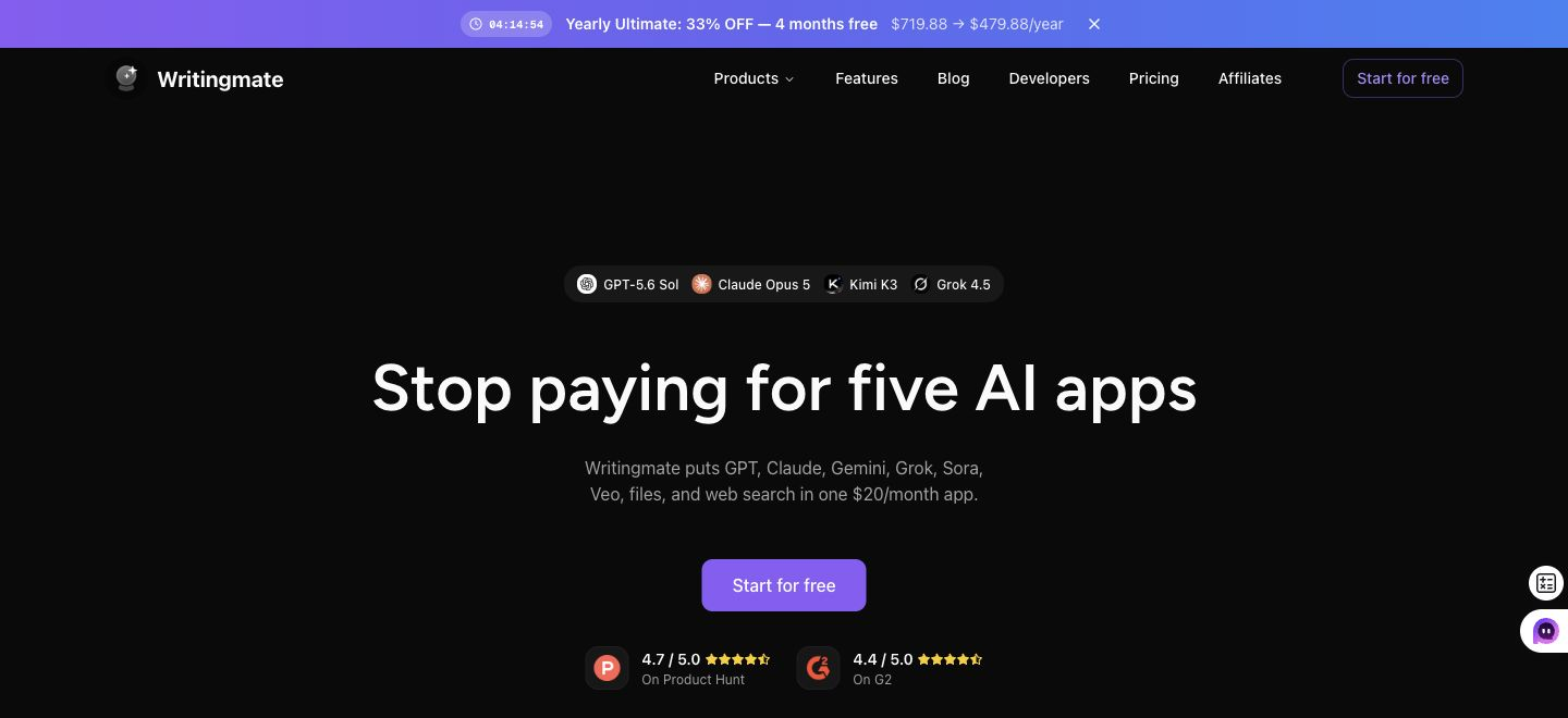 Writingmate homepage showing its multi-model AI workspace positioning