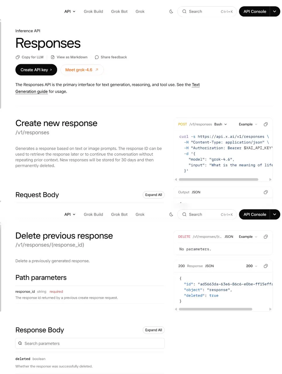 Official xAI Responses API documentation describing response storage and deletion