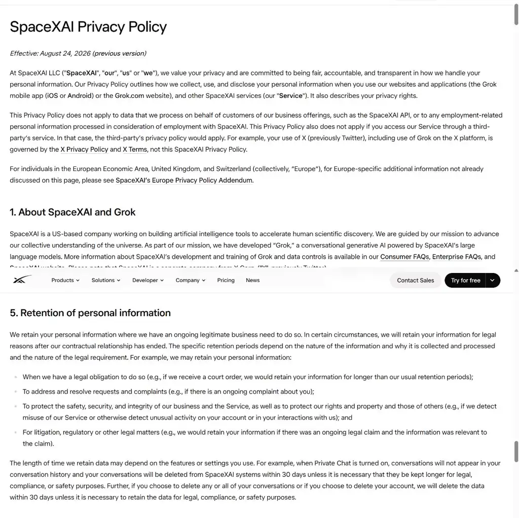 Official xAI privacy policy section covering Grok data use and user controls