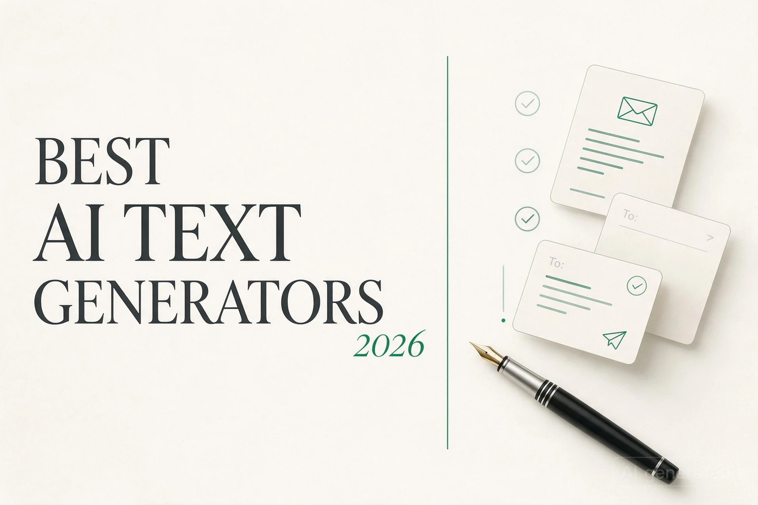 Best AI text generators in 2026 editorial cover with email drafts and a fountain pen