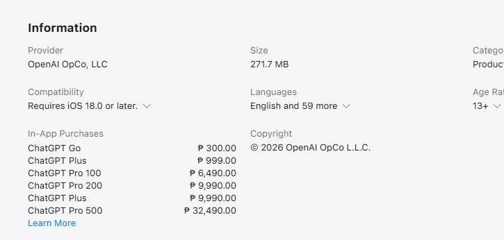 OpenAI ChatGPT フィリピンにおけるApp Storeの定期購読料金