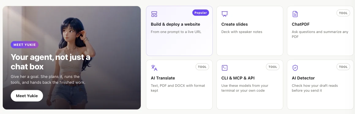 GlobalGPT home showing Yukie, website building, slides, ChatPDF and developer tools
