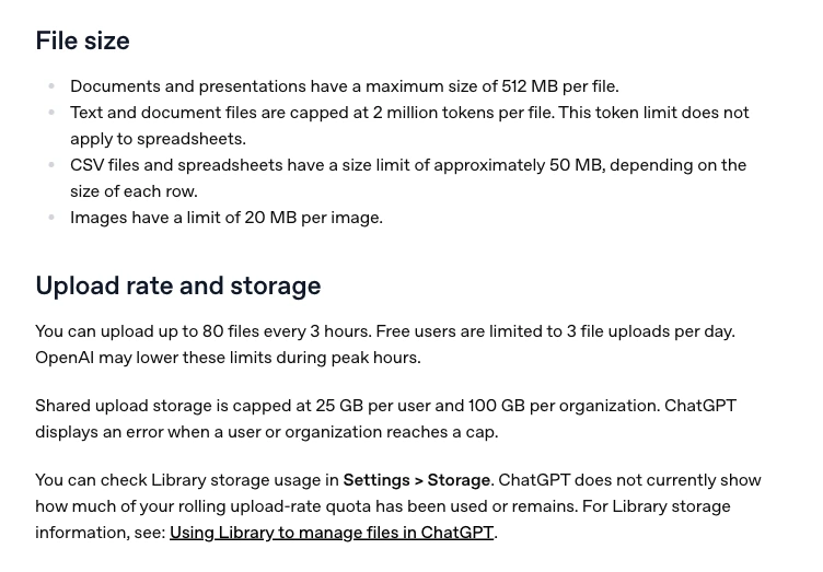 OpenAI upload documentation listing file-size, upload-rate and storage limits