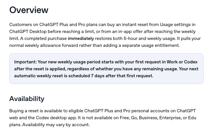 OpenAI paid reset explanation showing immediate restoration and the new weekly schedule