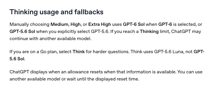 OpenAI explanation of Thinking usage, fallback models and displayed reset times