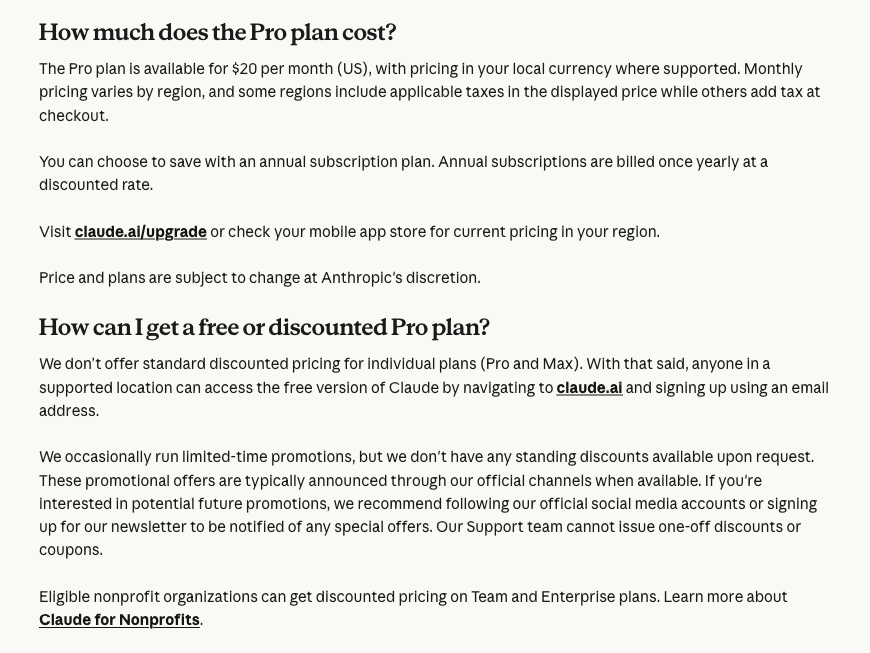Claude US Pro pricing and plan details from Anthropic